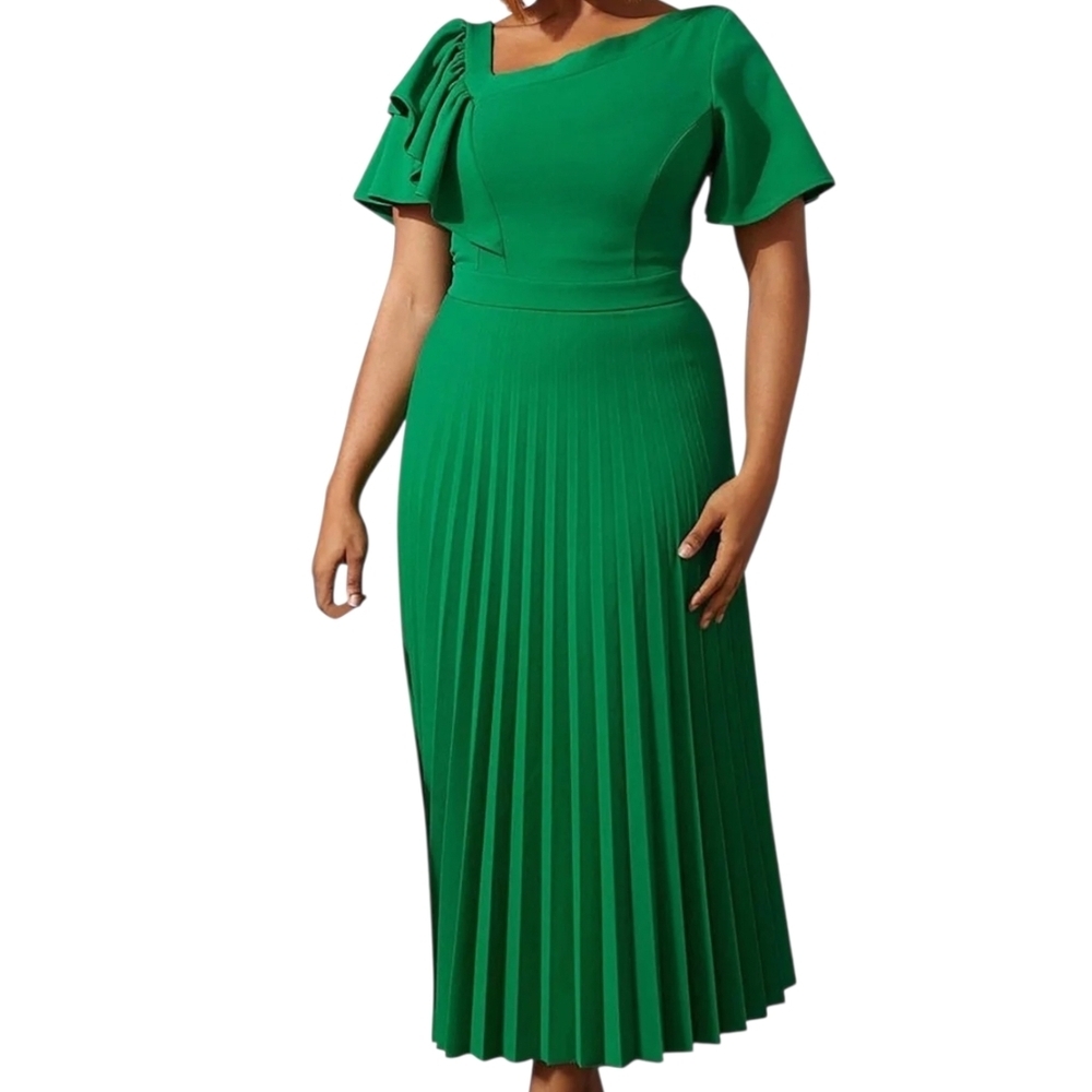 AOMEI - Medium Spring Asymmetrical Green Pleated Dress